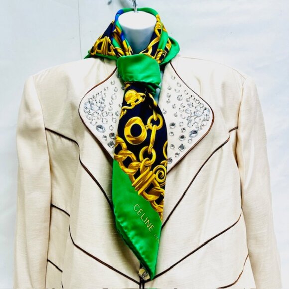 Elegance Soft   Celine Paris  Scarf  100% Silk 34"x35"Green black Gold Chain(S75 - Picture 3 of 9